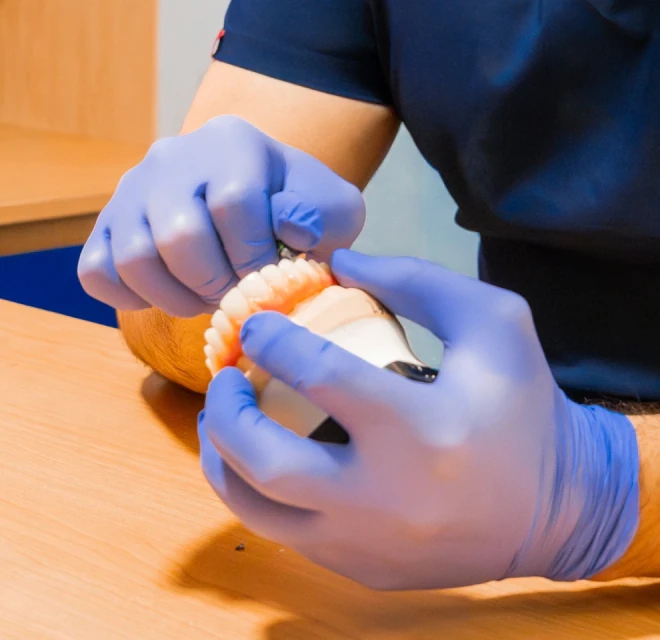 Dentist holding a full-arch model during an All-on-4 consultation in Mexico City.