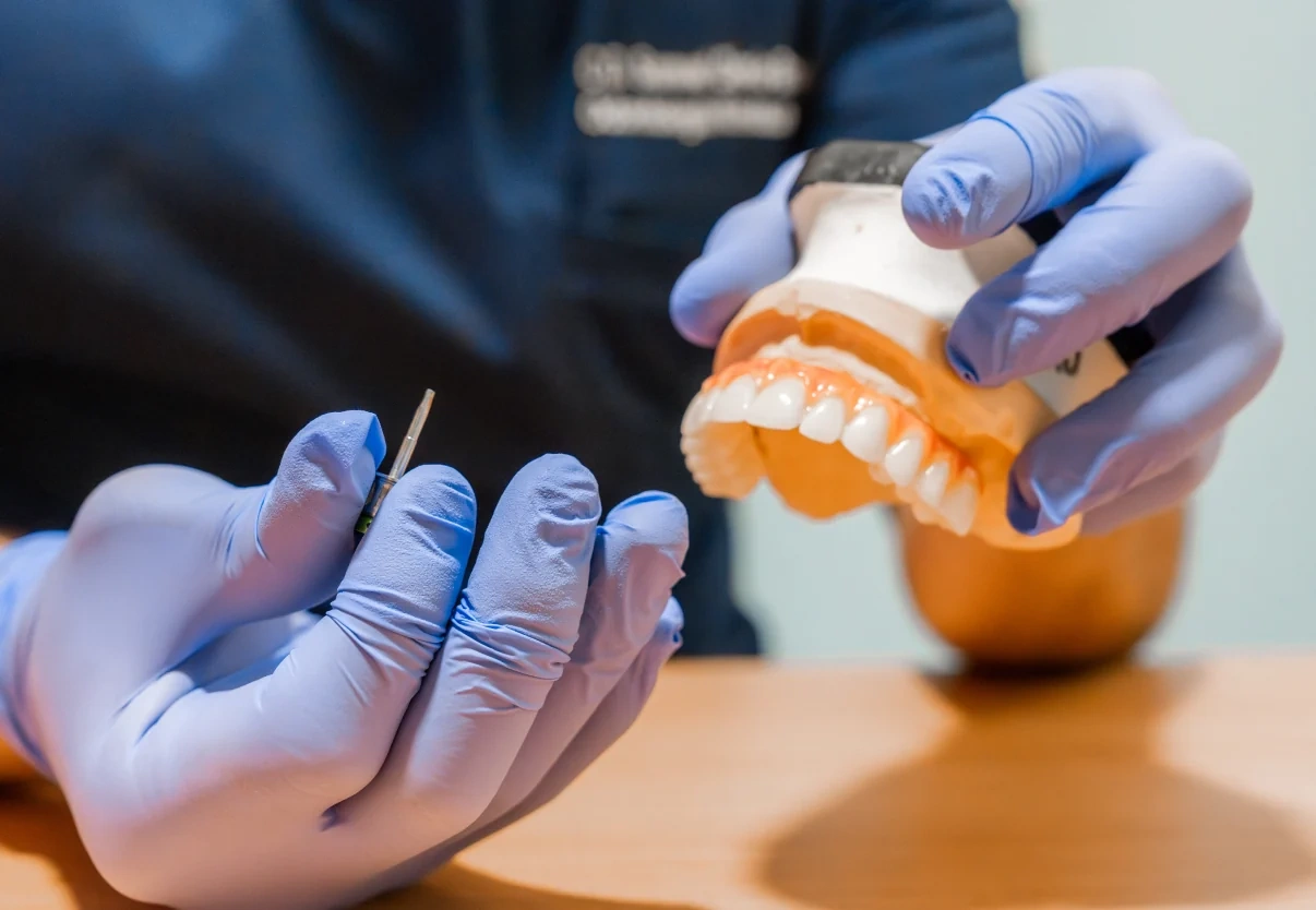 Dentista sosteniendo un modelo dental mientras revisa si All-on-4 es suficiente para una arcada completa.