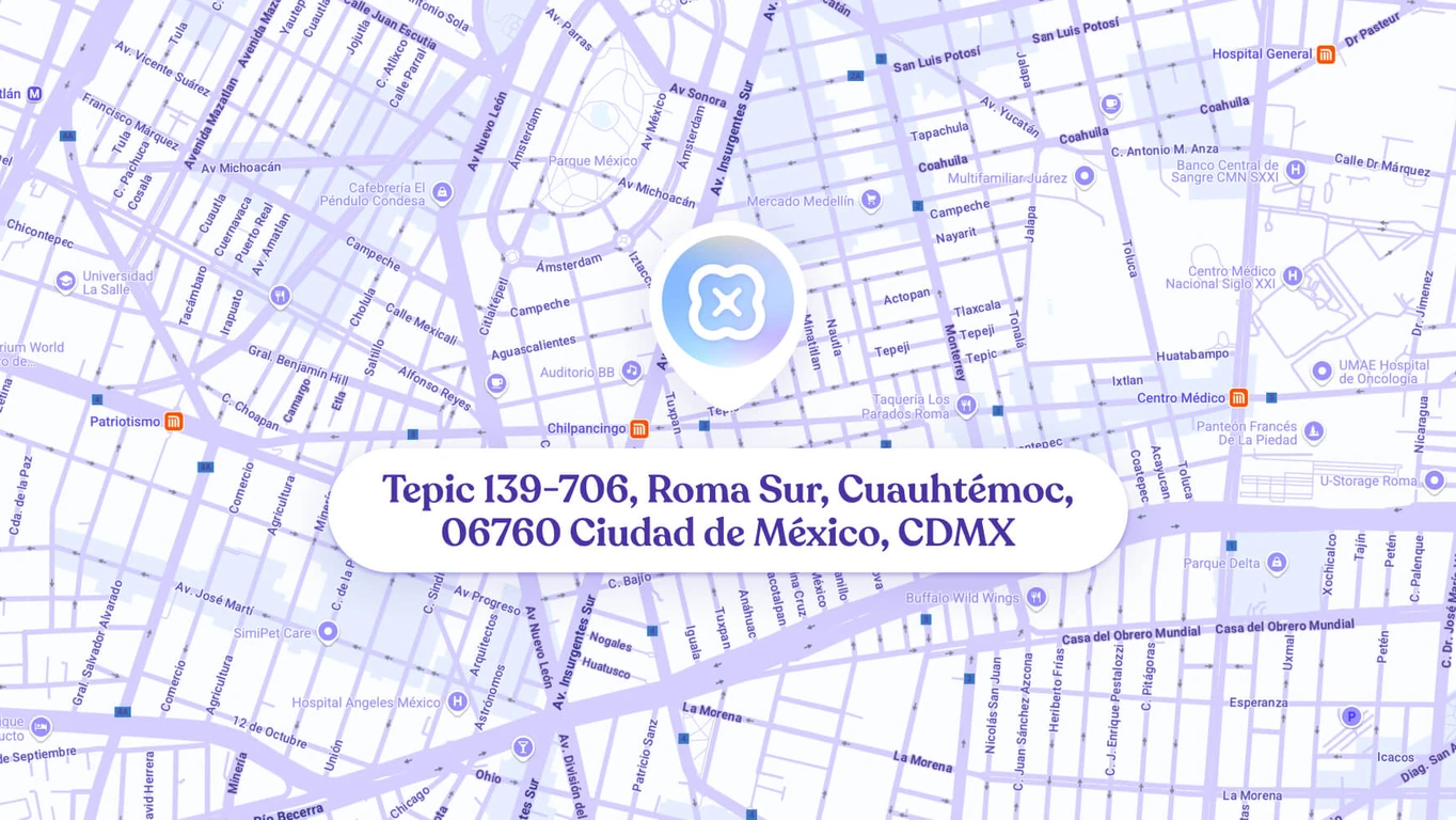 Map-style image showing hisonrisa location in Roma Sur, Mexico City.