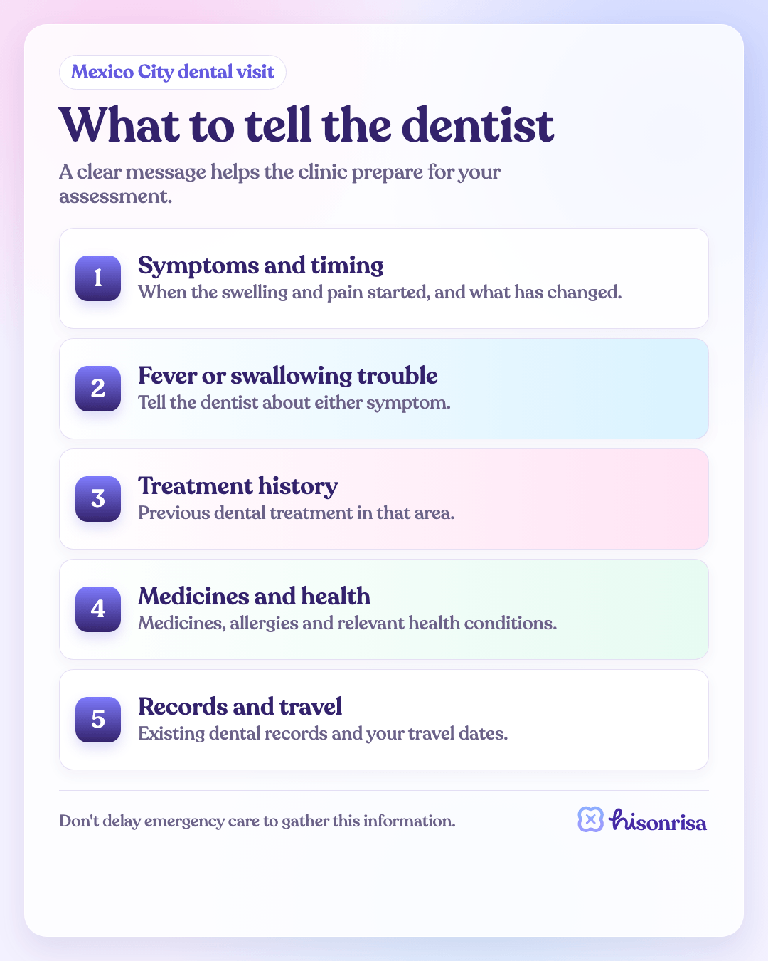Checklist of information to share when arranging a dental assessment.