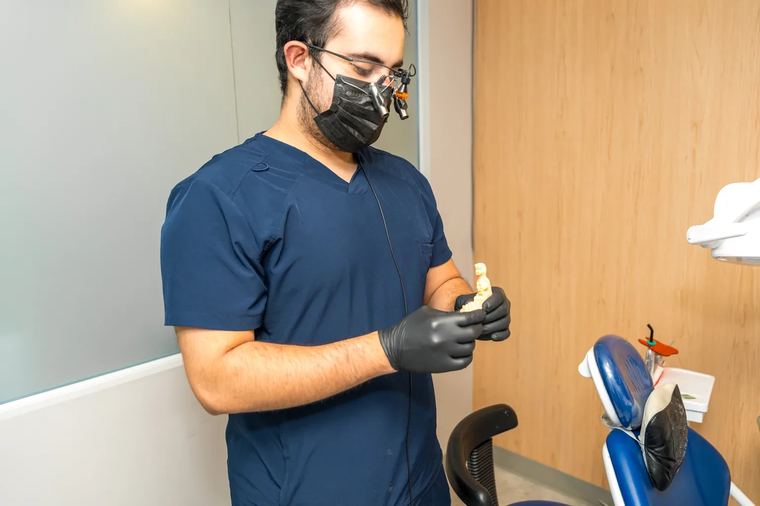Dentist reviewing a dental model before restorative treatment.
