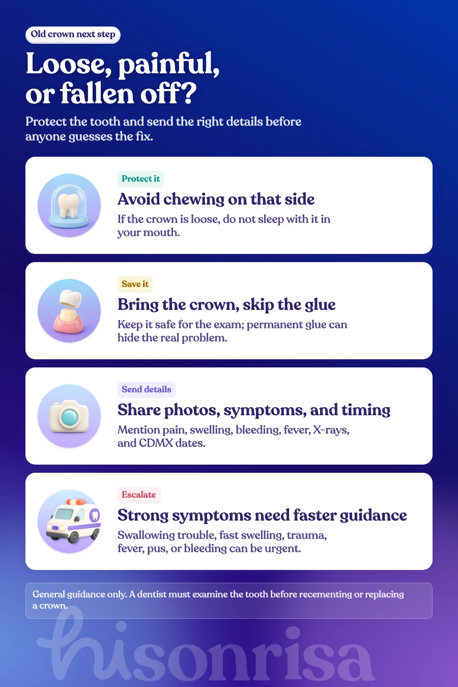 Checklist graphic showing what to do when an old crown feels loose or falls off in Mexico City.