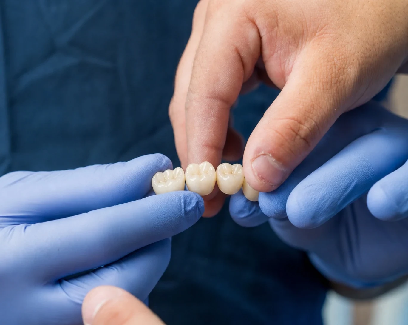 Gloved hands holding a ceramic dental bridge during restorative planning at hisonrisa in Roma Sur, Mexico City.