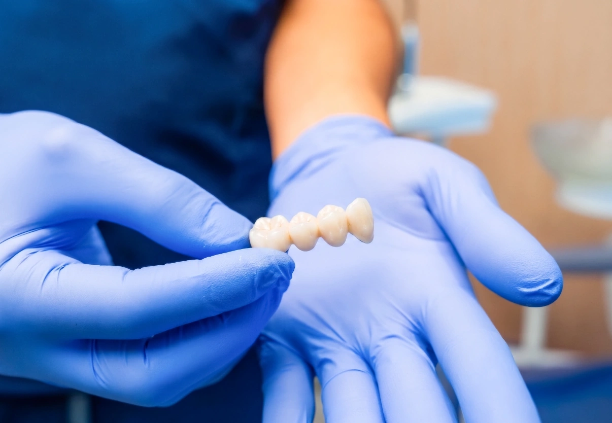 Clinician holding a dental bridge to compare against an implant.