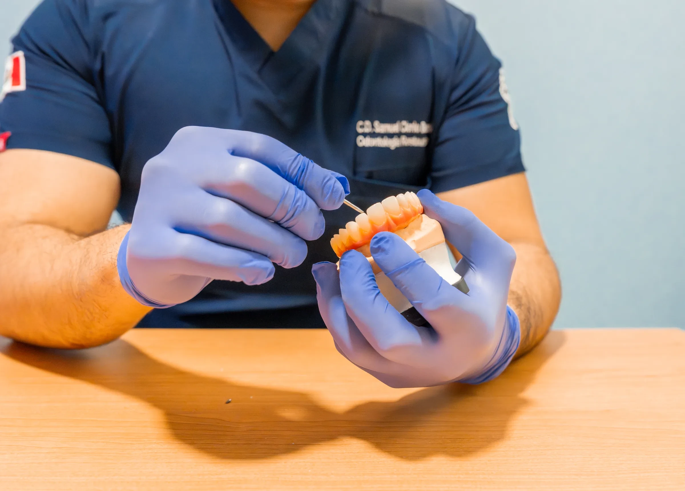 A hisonrisa dentist demonstrates a dental prosthesis model while planning its laboratory stages.