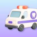 Emergency dentist icon with an ambulance and tooth.