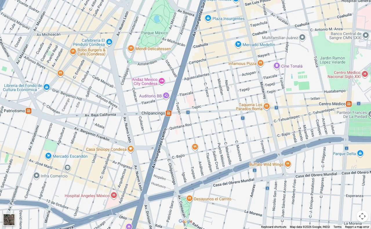 Static map preview for hisonrisa clinic location in Roma Sur, Mexico City.
