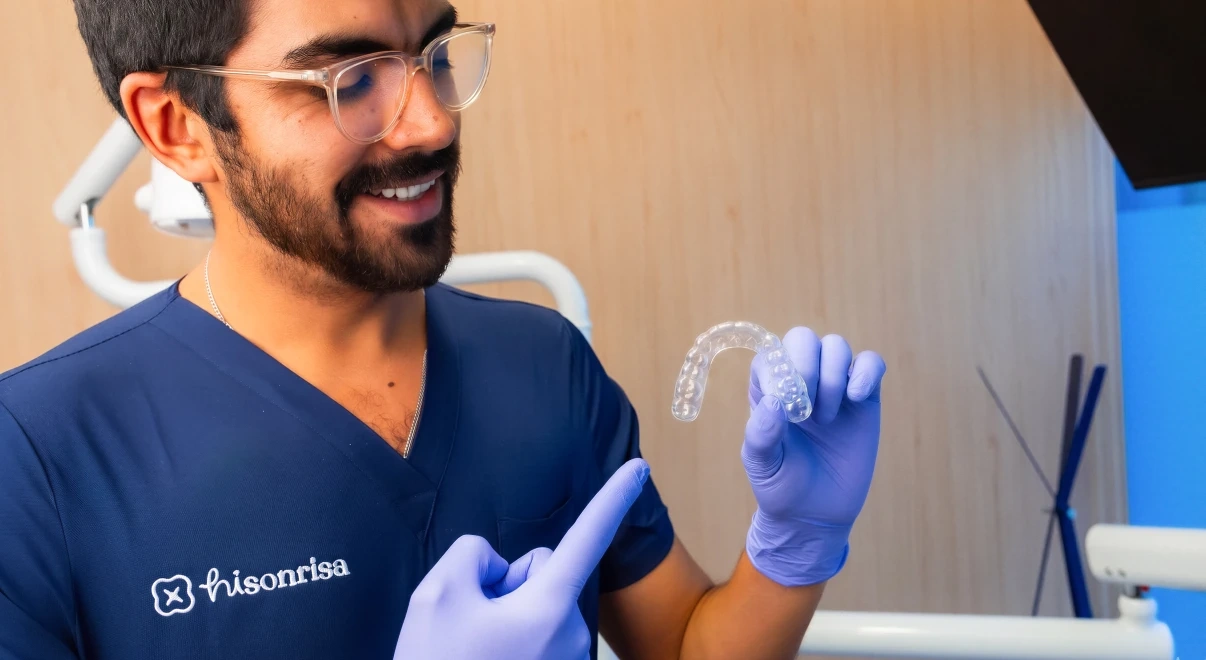 Dentist holding a thin retainer-style custom night guard in clinic.