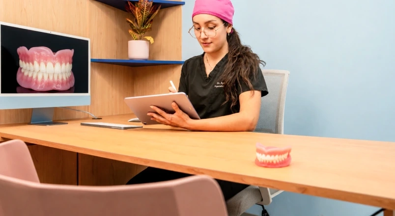 Dentist showing a complete denture model during a removable option comparison.