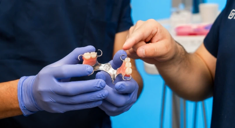 Dentist speaking with a patient while reviewing a removable partial denture.