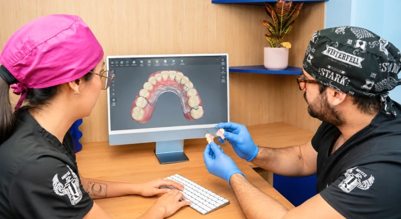 Dentist and patient reviewing a partial denture design on screen.