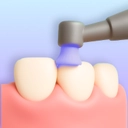 Dental cleaning icon with polishing handpiece on tooth.