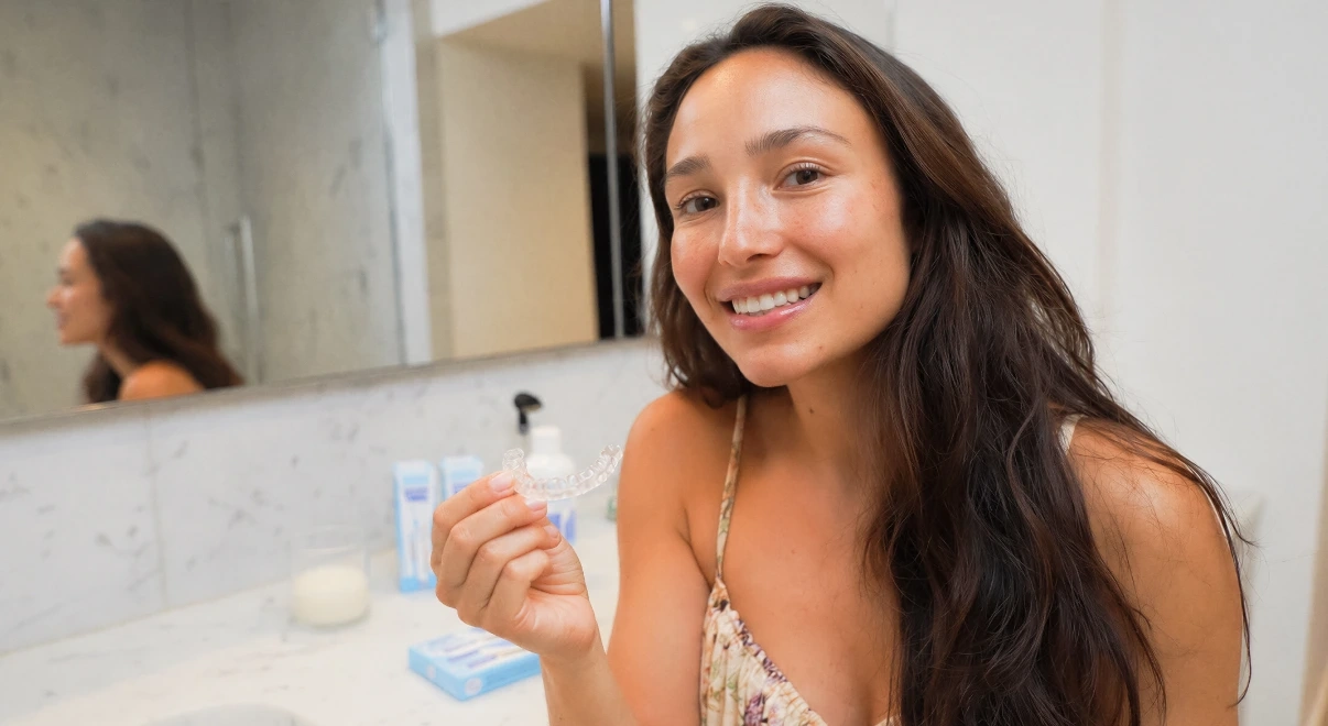 Person holding a clear whitening tray beside at-home whitening products.