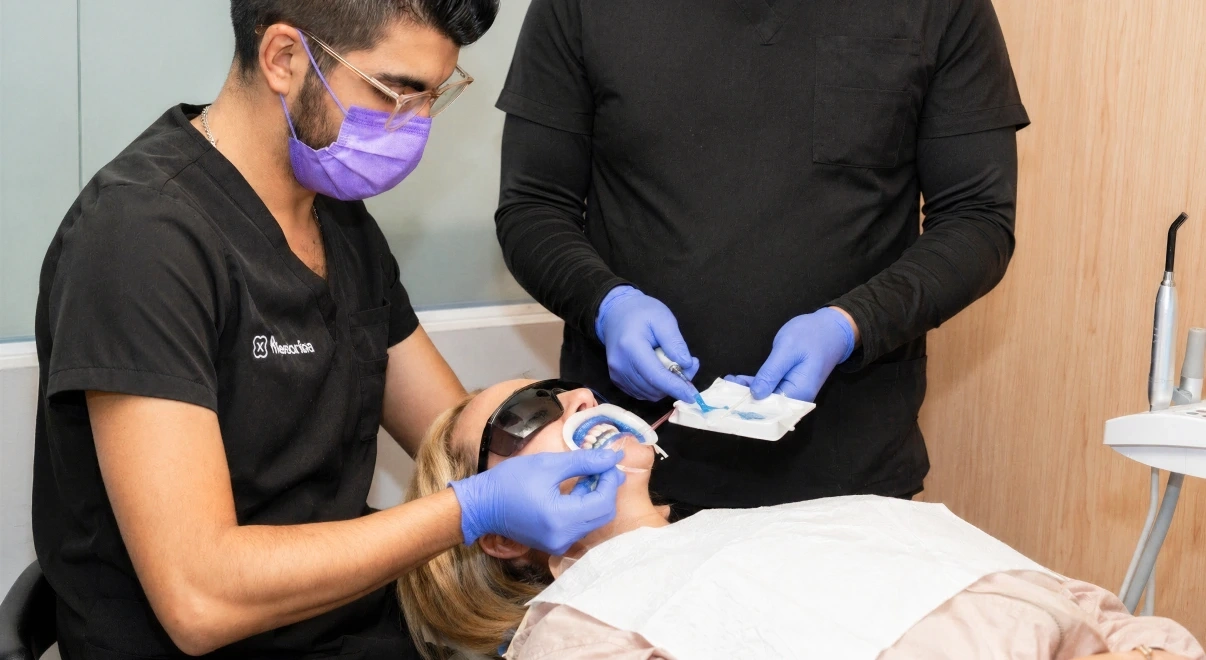 Dentist preparing a patient for professional teeth whitening.