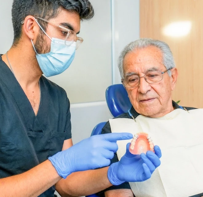 Dentist explaining removable partial dentures with a sample model in Mexico City.