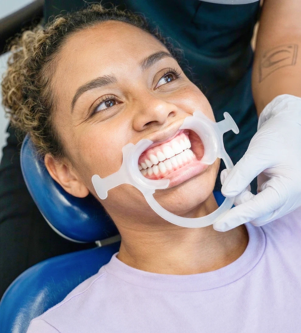 Dentist performing teeth whitening after a cleaning visit at hisonrisa in Roma Sur, Mexico City.