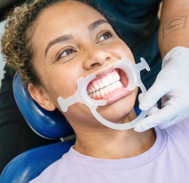 Patient wearing a cheek retractor during a teeth whitening appointment in Mexico City.